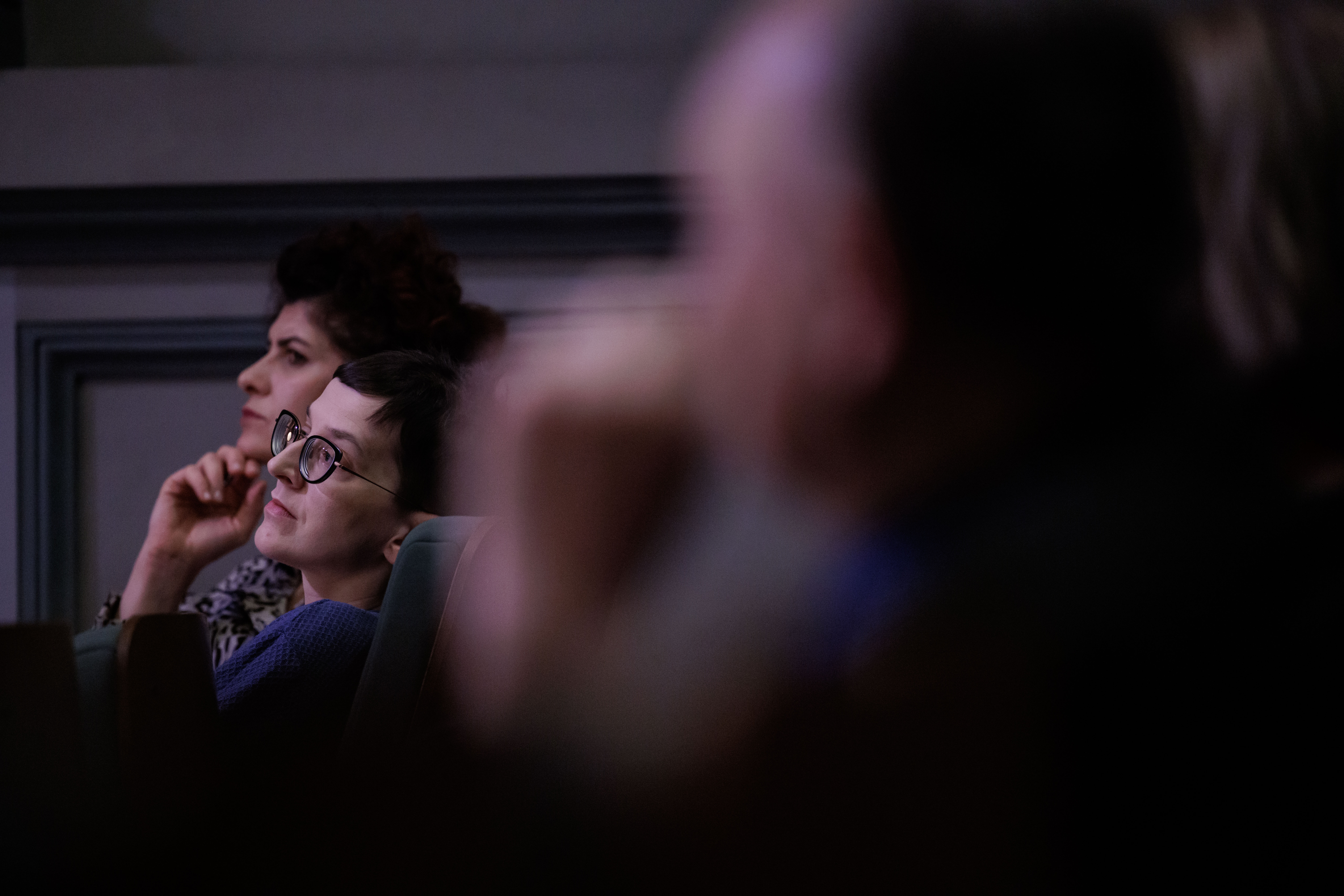 Osoby siedzące na widowni, na pierwszym planie rozmazany kontur osoby, na drugim planie wyraźnie widoczne dwie kobiety