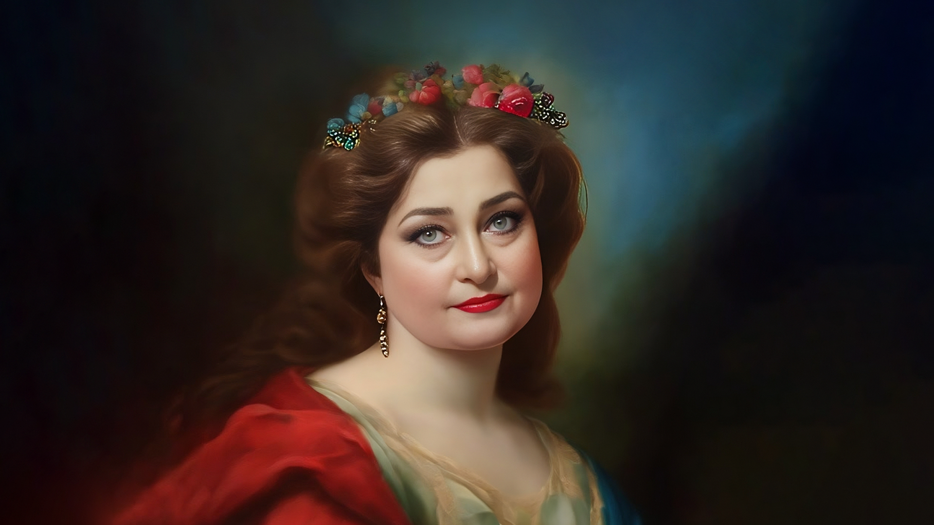 Portret kobiety w stylu obrazu Rubensa, kobieta ma długie brązowe włosy, na słowie wianek z kwiatów, czerwone usta, kolczyki