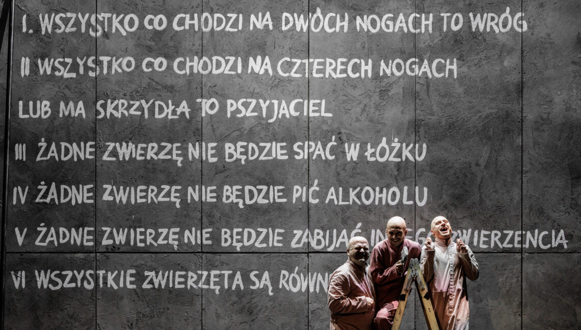 Tło tworzy szara ściana z wypisanymi drukowanymi, białymi literami sześcioma przykazaniami, przed ścianą na drabinie przodem stoją trzy postacie w różowych strojach, śmieją się