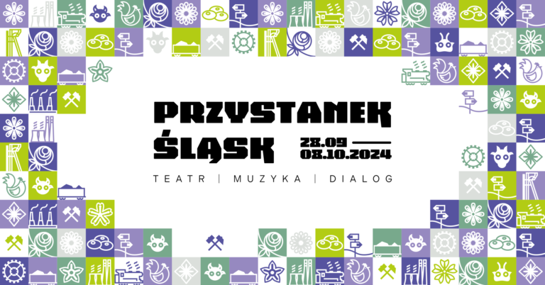 Plakat: w centrum czarny napis na białym tle Przystanek Śląsk 28.09 - 08.10.2024 Teatr Muzyka Dialog, wokół małe kwadraciki w różnych kolorach (odcienie fioletu i zieleni) przedstawiające obrazki związane ze Śląskiem, np. szyb górniczy, wagon z węglem, kluski śląskie