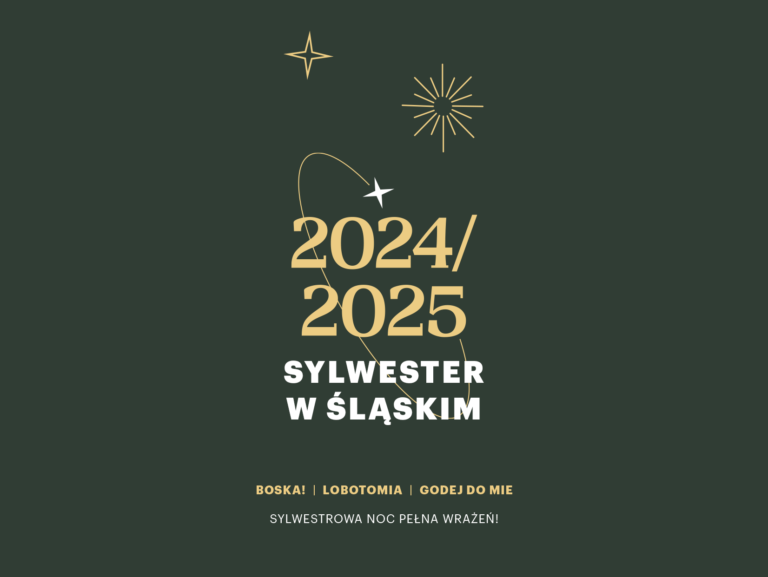 Grafika: na czarnym tle złote i białe litery, w centrum napis 2024/2025 Sylwester w Śląskim, Boska, Lobotomia, Godej do mie, Sylwestrowa noc pełna wrażeń