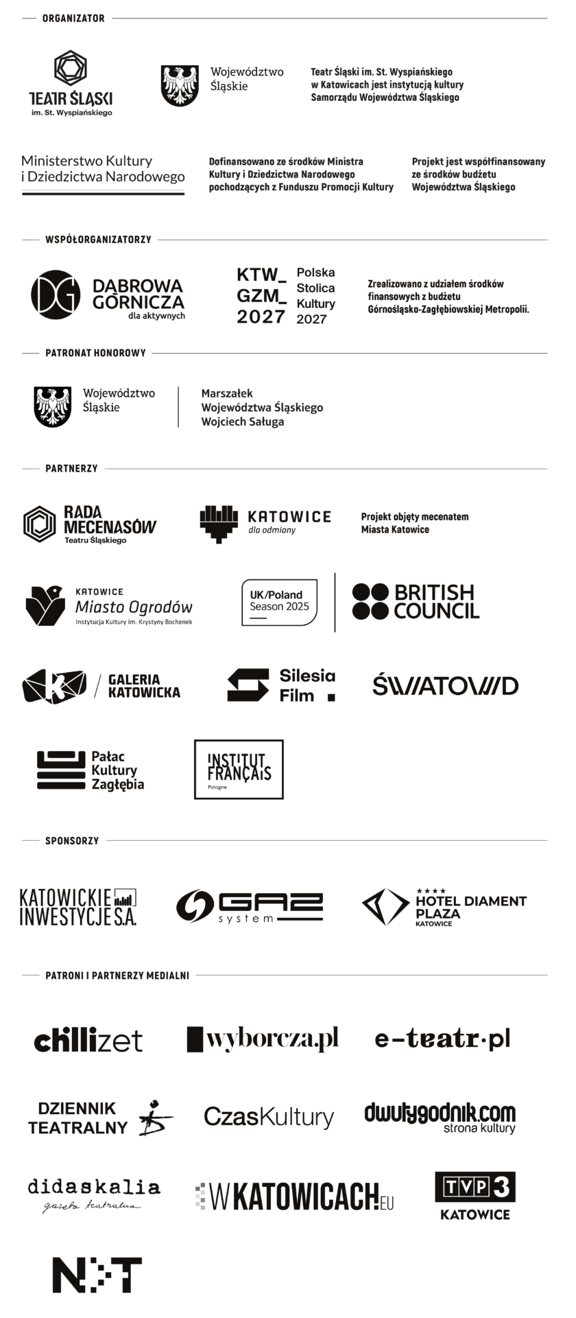 Zbiór logotypów:
Organizator: Teatr Śląski, Województwo Śląskie;
Współorganizatorzy: Dąbrowa Górnicza, Metropolia GZM;
Patronat honorowy: Marszałek Województwa Śląskiego Wojciech Sługa;
Partnerzy: Rada Mecenasów, Katowice, Katowice Miasto Ogrodów, British Council. Galeria Katowice, Silesia Film, Światowid, Pałac Kultury Zagłębia, Instytut Francuski;
Sponsorzy: Katowickie Inwestycje, Gaz Syste, Hotel Diament Plaza;
Patroni i Partnerzy medialni: chilizet, wyborcza.pl, e-teatr.pl, Dziennik Teatralny, Czas Kultury, dwutygodnik.com, Didaskalia, W Katowicach.eu, TVP3 Katowice, Notatnik Teatralny