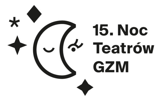 Logotyp 15. Noc Teatrów&nbsp;GZM; Z&nbsp;lewej strony grafika księżyca i&nbsp;gwiazdek, z&nbsp;prawej strony napis