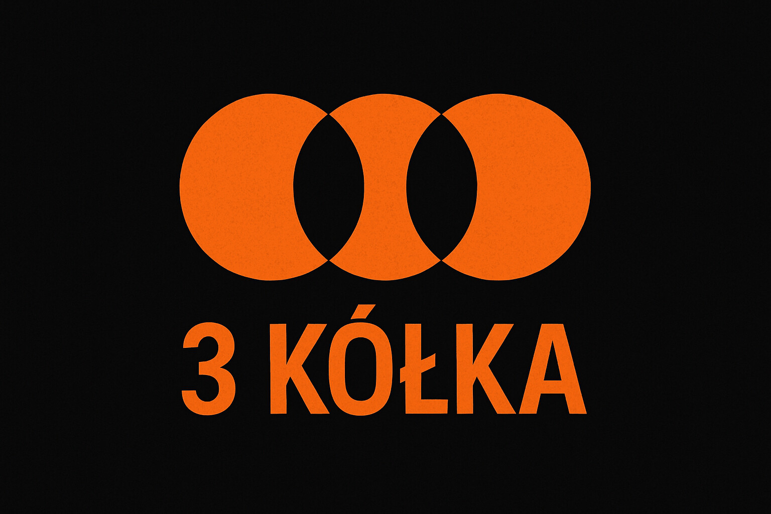 Grafika: trzy zachodzące na siebie pomarańczowe koła, w miejscach ich styku widoczne są czarne, migdałowate kształty, poniżej napis w kolorze pomarańczowym: „3 KÓŁKA”, tło czarne, całość ma prosty, nowoczesny i minimalistyczny styl graficzny.