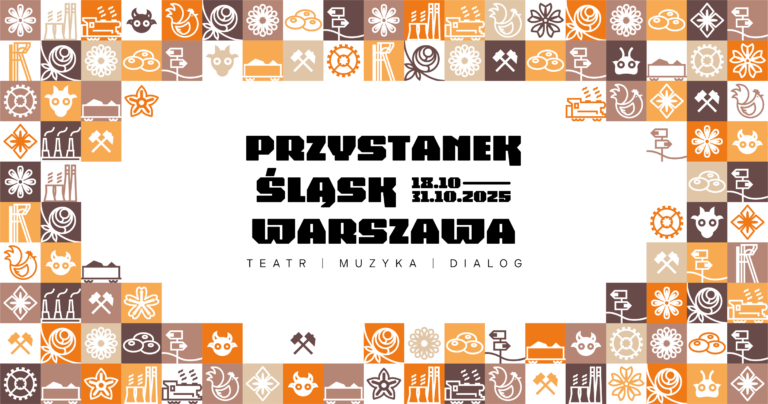 Plakat: w centrum czarny napis na białym tle Przystanek Śląsk Warszawa 18.10 - 31.10.2024 Teatr Muzyka Dialog, wokół małe kwadraciki w różnych kolorach (odcienie pomarańczowego i brązowego) przedstawiające obrazki związane ze Śląskiem, np. szyb górniczy, wagon z węglem, kluski śląskie