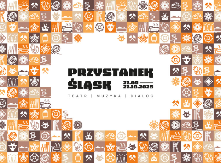 Plakat: w centrum czarny napis na białym tle Przystanek Śląsk 27.09 - 27.10.2024 Teatr Muzyka Dialog, wokół małe kwadraciki w różnych kolorach (odcienie pomarańczowego i brązowego) przedstawiające obrazki związane ze Śląskiem, np. szyb górniczy, wagon z węglem, kluski śląskie