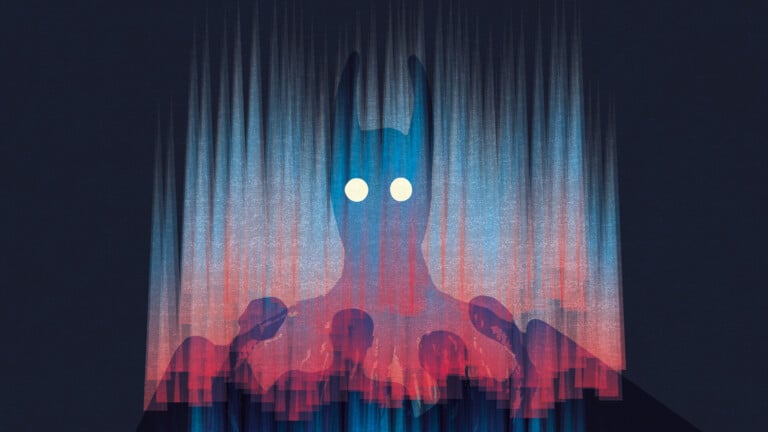 Grafika: Na tle kurtyny stoi mroczna sylweta śląskiego beboka ze świecącymi oczami, u jego podstawy widoczne są cztery ciemne postacie, całość przechodzi od czerwonych smug na dole do niebieskich u góry