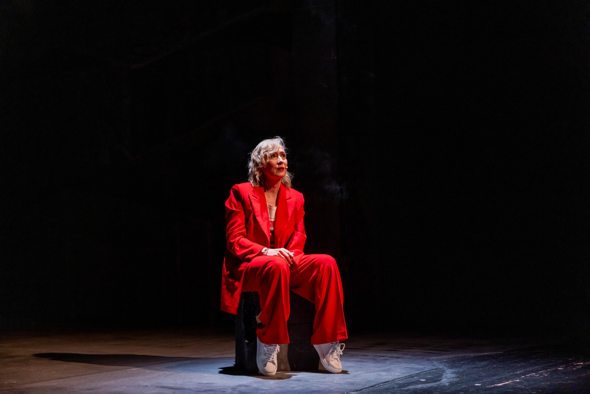 Na betonowym kamieniu siedzi pięćdziesięcioparoletnia kobieta. Ubrana jest elegancko, w czerwony garnitur. Jej usta są pomalowane na ten sam kolor, są rozchylone, mówi coś. Ręce opiera na kolanach. W jednej z nich trzyma papierosa, z którego unosi się dym obok jej głowy. Tło czarne.